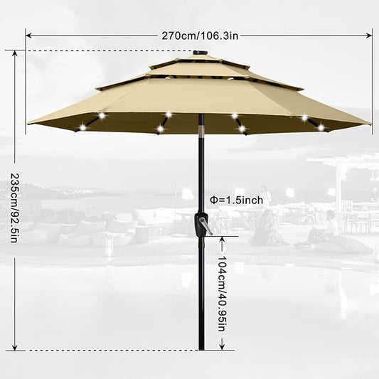 ABCCANOPY Solar Led Patio Umbrellas 3-Tiers 9FT (Khaki)