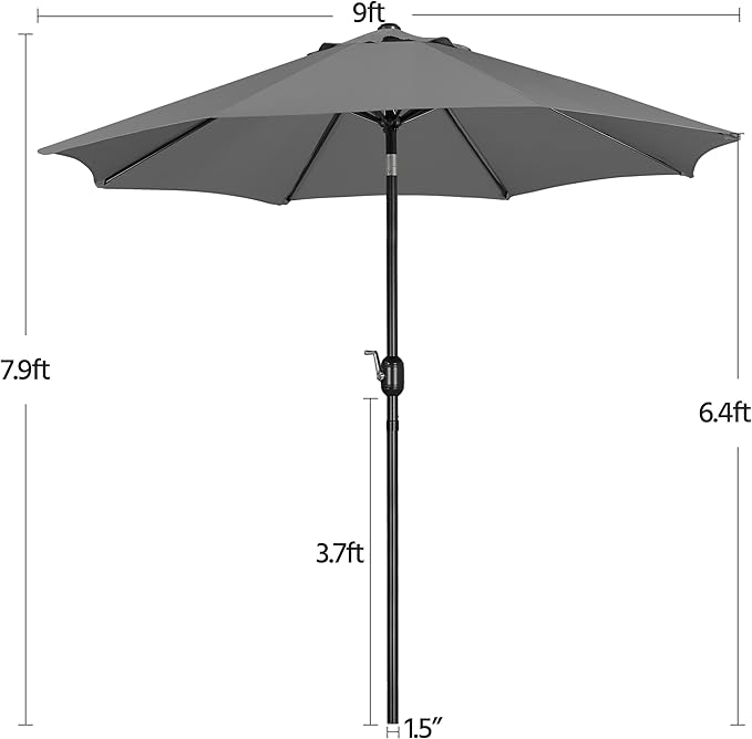 Yaheetech 9FT Patio Umbrella Outdoor Umbrella Patio Yard Market Table Umbrella with Push Button Tilt & Crank for Garden/Beach/Lawn/Deck/Backyard/Pool, 8 Ribs, Gray