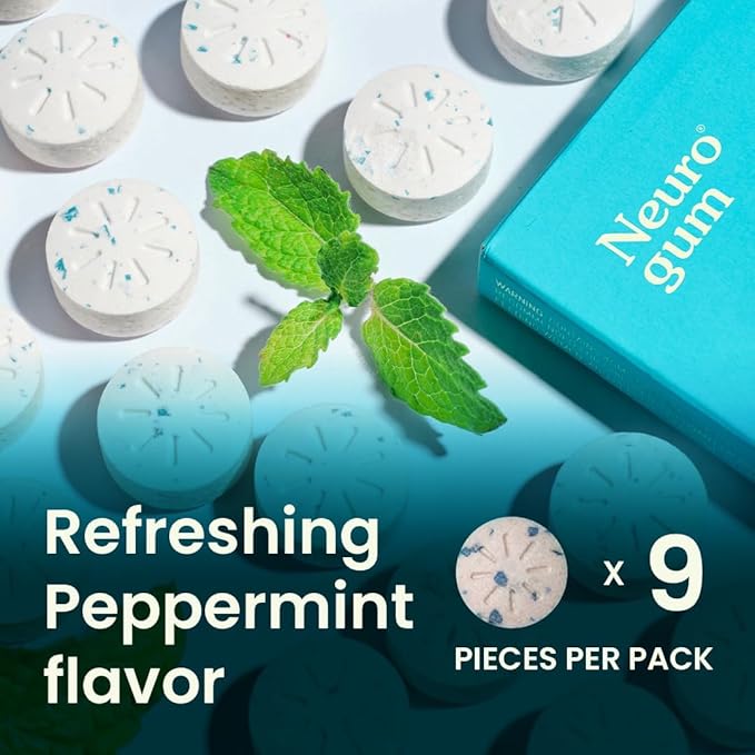 NeuroGum Energy Caffeine Gum (54 Pieces) - Sugar Free with L-theanine + Caffeine + Vitamin B12 & B6 - Nootropic Energy & Focus Supplement for Women & Men - Peppermint Flavor (Packaging May Vary)