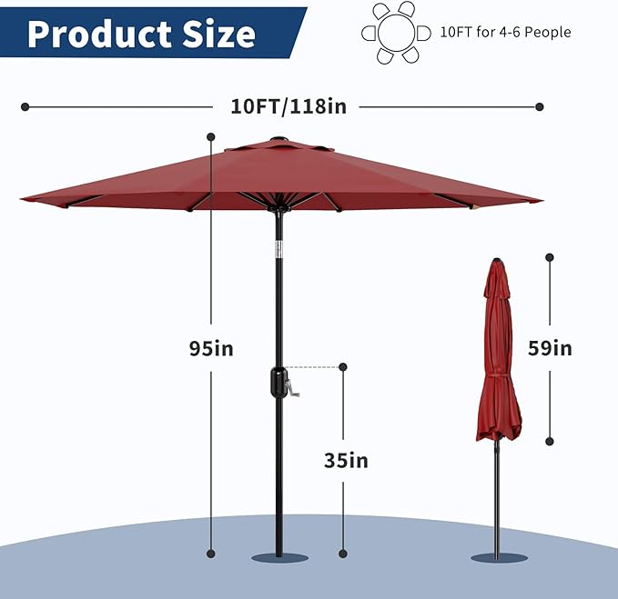 10Ft Patio Umbrella - 8 Sturdy Ribs Outdoor Table Umbrella with Crank Lift & Push Button Tilt - Market Umbrella for Pool, Deck, Yard, Garden - Red
