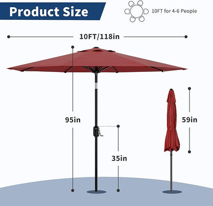 10Ft Patio Umbrella - 8 Sturdy Ribs Outdoor Table Umbrella with Crank Lift & Push Button Tilt - Market Umbrella for Pool, Deck, Yard, Garden - Red