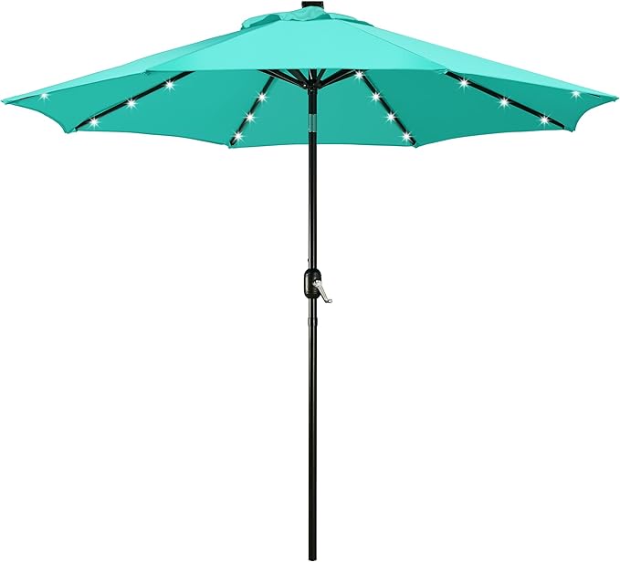 Yaheetech 9FT Solar Powered Patio Umbrella - UV Protection Market Table Umbrella w/ 32 LED Lights & Push Button Tilt & Crank Lift System for Garden/Lawn/Deck/Backyard/Pool, Turquoise