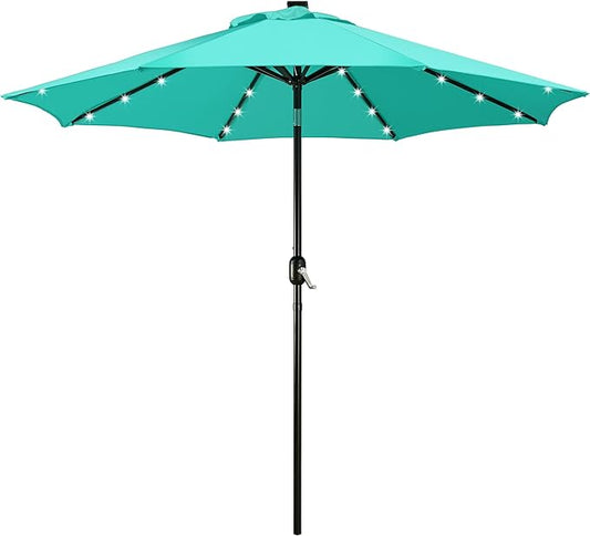 Yaheetech 9FT Solar Powered Patio Umbrella - UV Protection Market Table Umbrella w/ 32 LED Lights & Push Button Tilt & Crank Lift System for Garden/Lawn/Deck/Backyard/Pool, Turquoise