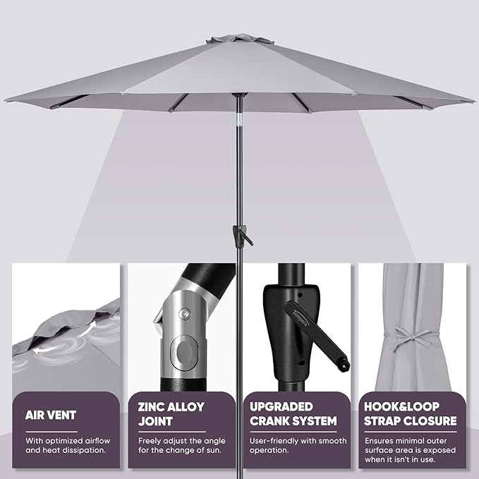 Tempera Patio Market Outdoor Table Umbrella with Push Button Tilt and Crank,Large Sun Umbrella with Sturdy Pole&Fade resistant canopy,Easy to set