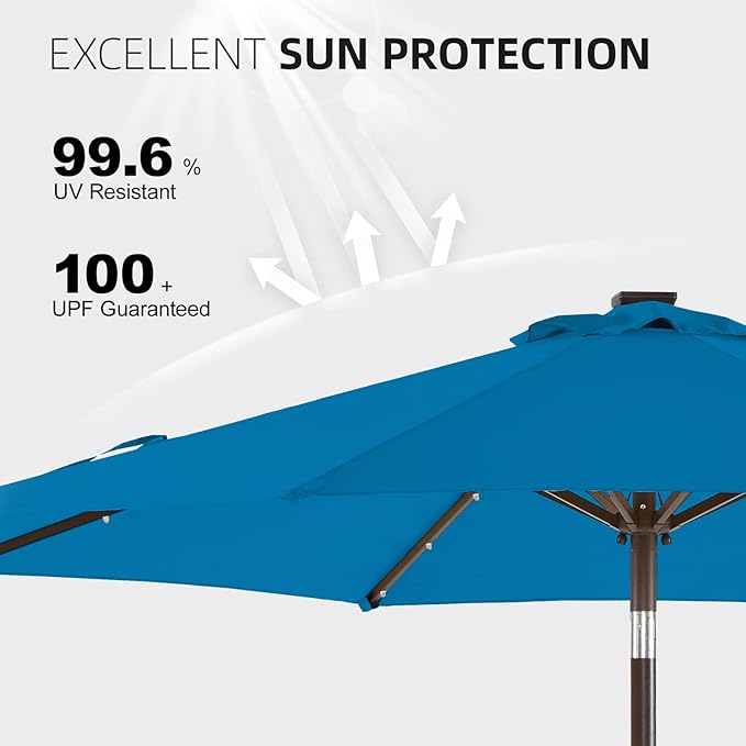 wikiwiki 9ft Solar Led Patio Umbrella, Sturdy Outdoor Market Umbrella for Deck, Pool, Garden w/Tilt, Crank, 32 LED Lights, Royal
