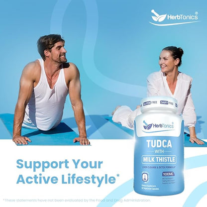 Herbtonics TUDCA & Milk Thistle 1000mg | Liver Cleanse, Detox & Repair Supplement | Bile Salts for Gallbladder Support & Liver Health | Pterostilbene Enhanced Tudca Supplement | 60 Vegan Capsules