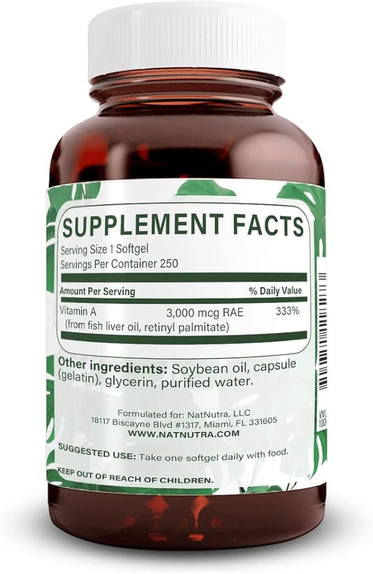 Natural Nutra Vitamin A 10,000 IU Softgels – High Potency Eye and Skin Vitamins – Gluten-Free Vitamin A Supplement for Sight & Skin Health – Fish Liver Oil for Men and Women, Gluten Free 250 Softgels