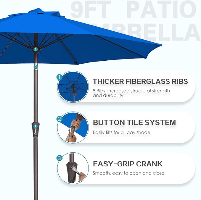 PatioKingdom 9FT Patio Outdoor Umbrella-UPF 50+ Sun Shade with Wind Vent, Push-Button Tilt & Smooth Crank Lift, Rust-Resistant Fiberglass Frame for Garden, Backyard,Yard
