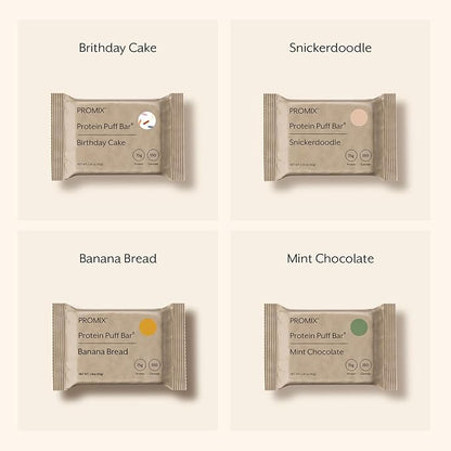 ProMix Nutrition Protein Puff Bars - Variety Pack - Birthday Cake, Snickerdoodle, Banana Bread, Mint Chocolate - Marshmallow Crispy Treat - High Protein & Low Calorie - 12 Bars