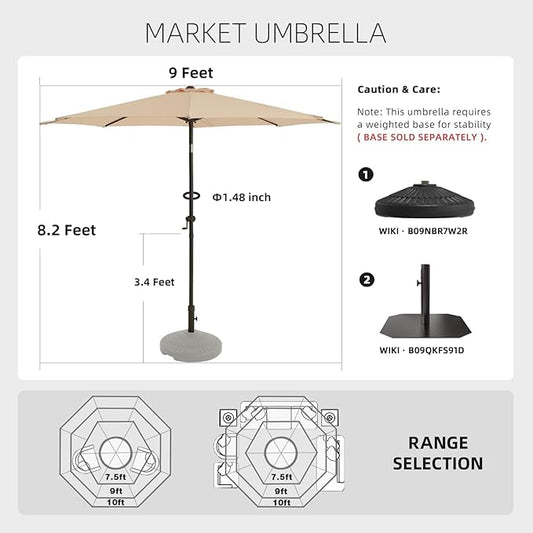 wikiwiki 9 FT Patio Umbrellas Outdoor Table Market Umbrella with Push Button Tilt/Crank, 8 Sturdy Ribs, Fade Resistant Waterproof POLYESTER DTY Canopy for Garden, Lawn, Deck, Backyard & Pool,Beige