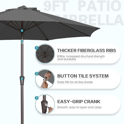 PatioKingdom 9FT Patio Outdoor Umbrella-UPF 50+ Sun Shade with Wind Vent, Push-Button Tilt & Smooth Crank Lift, Rust-Resistant Fiberglass Frame for Garden, Backyard,Yard