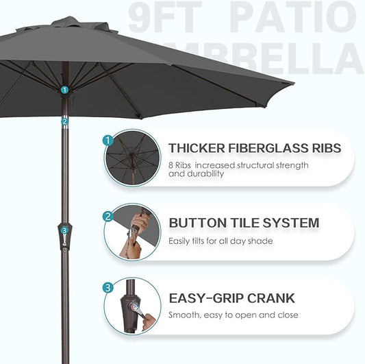 PatioKingdom 9FT Patio Outdoor Umbrella-UPF 50+ Sun Shade with Wind Vent, Push-Button Tilt & Smooth Crank Lift, Rust-Resistant Fiberglass Frame for Garden, Backyard,Yard