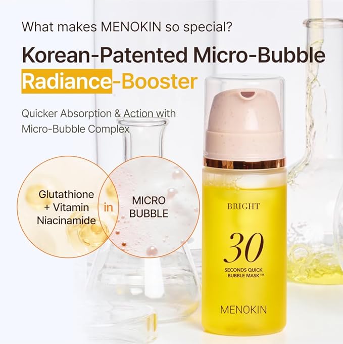 MENOKIN 30 Seconds Quick Bubble Mask [BRIGHT] - [Vitamin C] [Glutathione & Niacinamide] in Micro-bubbles for Dark Spots, Uneven Skin Tone, Korean Skin Care Essential, 70 Uses, 3.21 fl.oz