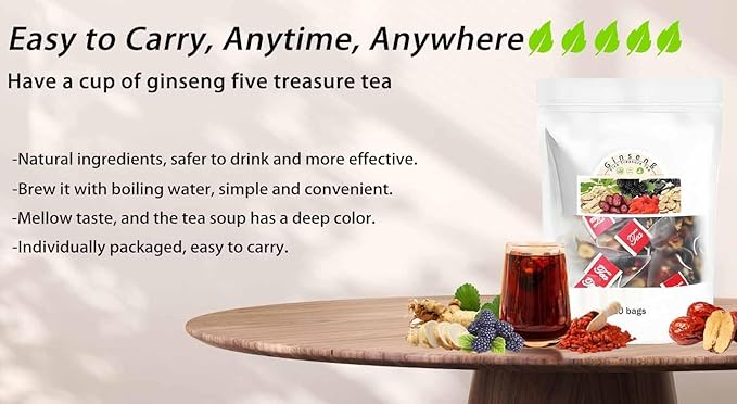 Kidney Tea Formula Ginseng Six Treasure Tea, Ginseng Five Treasures Teas, Kidney Cleanse Detox Beverage for Women & Men, Nnatural Ingredients Sweet Taste and Aroma 20bags