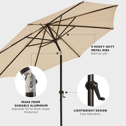 wikiwiki 9 FT Patio Umbrellas Outdoor Table Market Umbrella with Push Button Tilt/Crank, 8 Sturdy Ribs, Fade Resistant Waterproof POLYESTER DTY Canopy for Garden, Lawn, Deck, Backyard & Pool,Beige