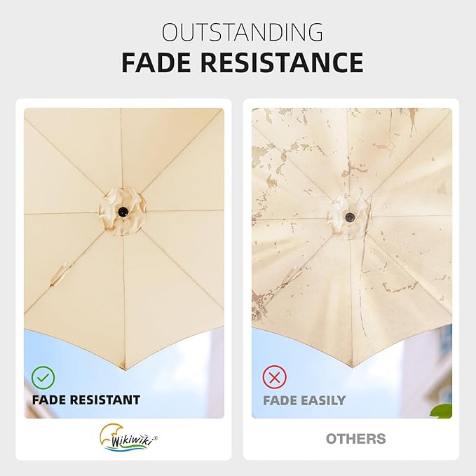 wikiwiki 10 FT Patio Umbrellas Outdoor Table Market Umbrella with Push Button Tilt/Crank, 8 Sturdy Ribs, Fade Resistant Waterproof POLYESTER DTY Canopy for Garden, Lawn, Deck, Backyard & Pool, Beige