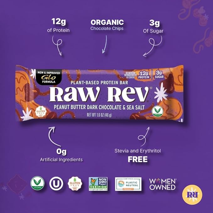 Raw Rev Vegan Protein Bars- Peanut Butter Dark Chocolate & Sea Salt, 12 bars, Non-GMO, Plastic-Neutral, Nothing Artificial, Glo Formula, Gluten-Free, Keto-Friendly, Paleo, Kosher, No Sugar Alcohols, No Stevia