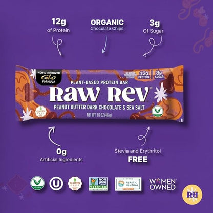 Raw Rev Vegan Protein Bars- Peanut Butter Dark Chocolate & Sea Salt, 12 bars, Non-GMO, Plastic-Neutral, Nothing Artificial, Glo Formula, Gluten-Free, Keto-Friendly, Paleo, Kosher, No Sugar Alcohols, No Stevia