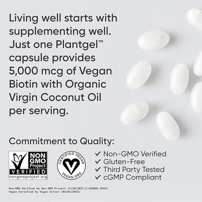 Sports Research Vegan Biotin 5000mcg with Organic Coconut Oil | Extra Strength Biotin Vitamin B7 Supplement for Hair & Skin Support | Non-GMO Verified, Soy Free, Gluten Free - 30 Softgels