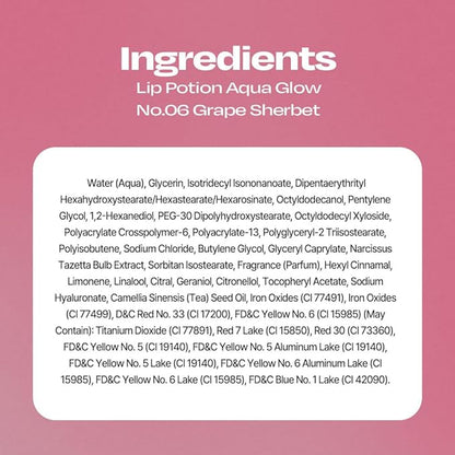 Lip Potion Aqua Glow No.6 Grape Sherbet | Hydrating, Non-Sticky Gloss with Sheer Radiance | 0.3 Oz