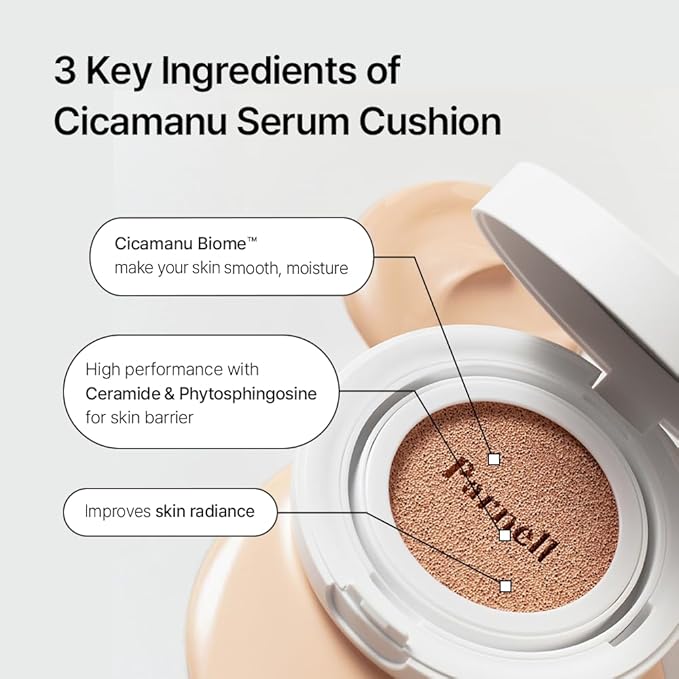 Parnell Cicamanu Serum Cushion - Moisturizing Foundation for Soothing, Coverage, Glass Skin and Lightweight for Sensitive and Dry Skin Pearl Skin (0.52 Fl Oz) (17N)