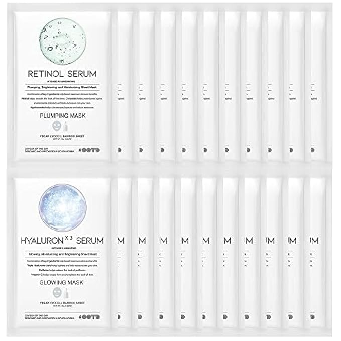 Retinol + Hyaluron Serum Korean Sheet Mask Sheet Gift Pack [20 Count] Plumping Glowing Luminating Hydrating Rejuvenating Sheet Mask Gift Pack
