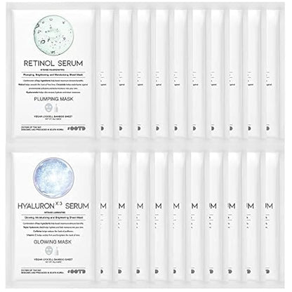 Retinol + Hyaluron Serum Korean Sheet Mask Sheet Gift Pack [20 Count] Plumping Glowing Luminating Hydrating Rejuvenating Sheet Mask Gift Pack