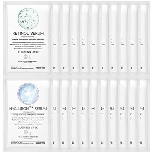 Retinol + Hyaluron Serum Korean Sheet Mask Sheet Gift Pack [20 Count] Plumping Glowing Luminating Hydrating Rejuvenating Sheet Mask Gift Pack