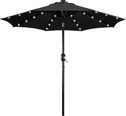 Yaheetech 9FT Solar Patio Umbrella Outdoor Table Market Umbrella w/8 Ribs and 32 LED Lights, Tilt & Crank & UV Protection for Backyard/Deck/Poolside, Black