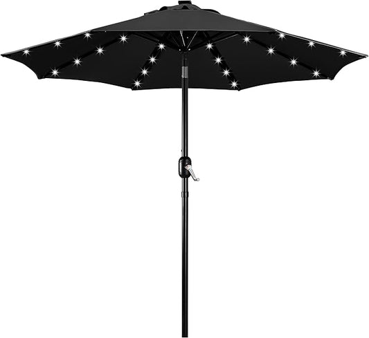 Yaheetech 9FT Solar Patio Umbrella Outdoor Table Market Umbrella w/8 Ribs and 32 LED Lights, Tilt & Crank & UV Protection for Backyard/Deck/Poolside, Black