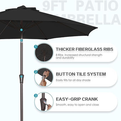 PatioKingdom 9FT Patio Outdoor Umbrella-UPF 50+ Sun Shade with Wind Vent, Push-Button Tilt & Smooth Crank Lift, Rust-Resistant Fiberglass Frame for Garden, Backyard,Yard