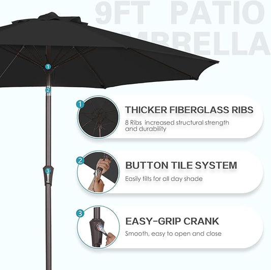PatioKingdom 9FT Patio Outdoor Umbrella-UPF 50+ Sun Shade with Wind Vent, Push-Button Tilt & Smooth Crank Lift, Rust-Resistant Fiberglass Frame for Garden, Backyard,Yard