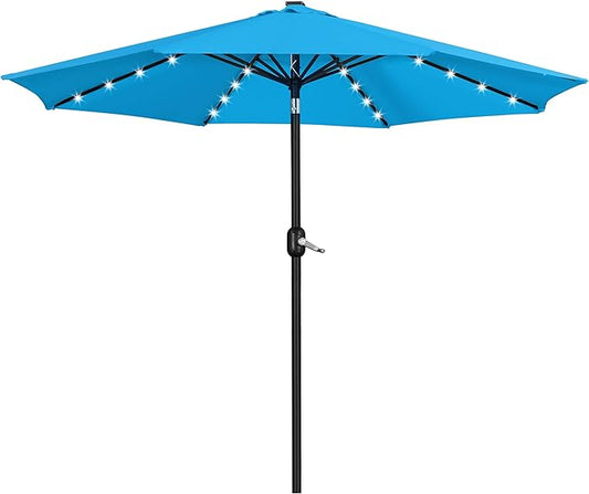 Yaheetech 11FT Solar Powered Umbrella Outdoor Patio Umbrella with 32 LED Lights and 8 Ribs - UV Protection Table Sunshade for Pool, Deck, Yard, Sky Blue
