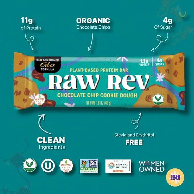 Raw Rev Vegan Protein Bars- Chocolate Chip Cookie Dough, 12 bars, Non-GMO, Plastic-Neutral, Nothing Artificial, Glo Formula, Gluten-Free, Keto-Friendly, Paleo, Kosher, No Sugar Alcohols, No Stevia.