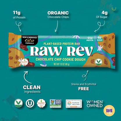 Raw Rev Vegan Protein Bars- Chocolate Chip Cookie Dough, 12 bars, Non-GMO, Plastic-Neutral, Nothing Artificial, Glo Formula, Gluten-Free, Keto-Friendly, Paleo, Kosher, No Sugar Alcohols, No Stevia.