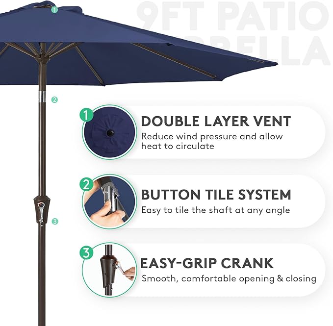 JEAREY 9FT Outdoor Patio Umbrella Outdoor Table Umbrella with Push Button Tilt and Crank, Market Umbrella 8 Sturdy Ribs UV Protection Waterproof for Garden, Deck, Backyard, Pool (Deep Blue)