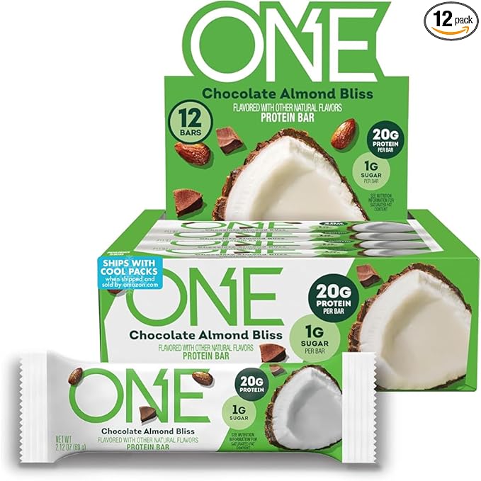 ONE Protein Bars, Chocolate Almond Bliss, Gluten Free with 20g Protein and 1g Sugar, Pantry Staples, 2.12 oz (12 Pack), Packaging May Vary