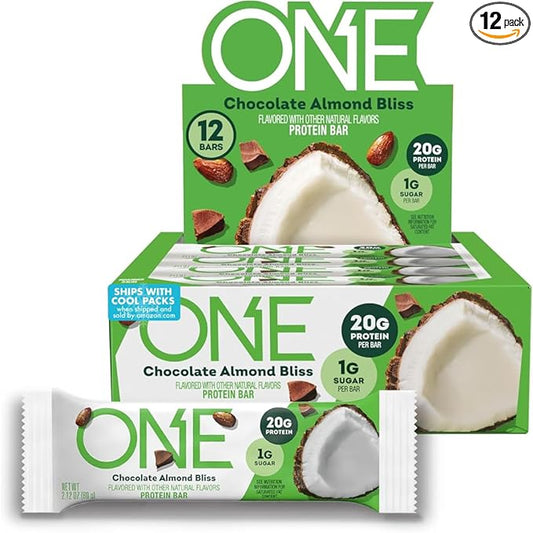 ONE Protein Bars, Chocolate Almond Bliss, Gluten Free with 20g Protein and 1g Sugar, Pantry Staples, 2.12 oz (12 Pack), Packaging May Vary