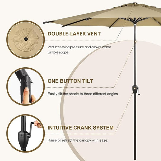 Abba Patio 9FT Lyon Outdoor Patio Umbrella Outdoor Table Umbrella with Push Button Tilt and Crank Market Umbrella 8 Sturdy Ribs UV Protection Waterproof for Garden Deck Backyard Pool Tan