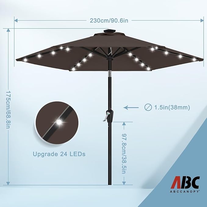 ABCCANOPY Durable Solar Led Patio Umbrellas with 24LED Lights 7.5FT with 6 Sturdy Ribs (True Brown)