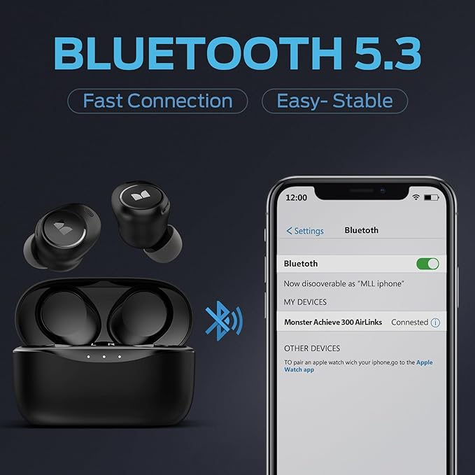 Monster Achieve 300 AirLinks Wireless Earbuds, Bluetooth 5.3 in-Ear Headphones, Touch Control, Built-in Microphone, USB-C Fast Charging, 32H Playtime, Black