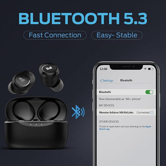 Monster Achieve 300 AirLinks Wireless Earbuds, Bluetooth 5.3 in-Ear Stereo Headphones, with USB-C Charging Case, Built-in Microphone for Clear Calls, Type-C Charging, Touch Control