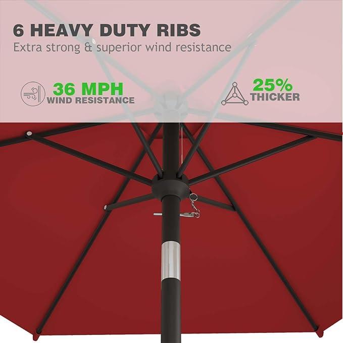 7.5FT Patio Umbrella Table Market Umbrella w/Tilt and Crank Heavy-Duty Round Outdoor Umbrellas for Garden, Deck, Backyard, Pool and Beach, Red