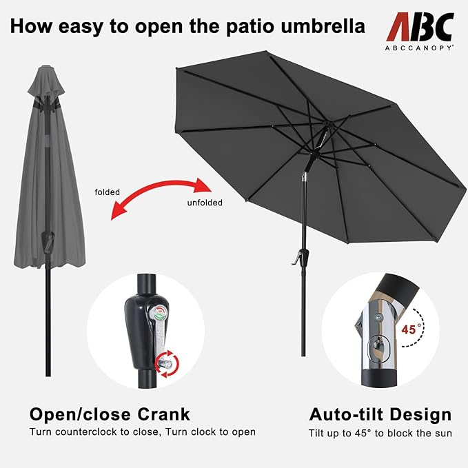 ABCCANOPY 9FT Outdoor Patio Umbrella, 8 Ribs Table Umbrella w/Crank for Easy Set Up, Suitable for Garden, Lawn, Deck & Backyard (Dark Gray)