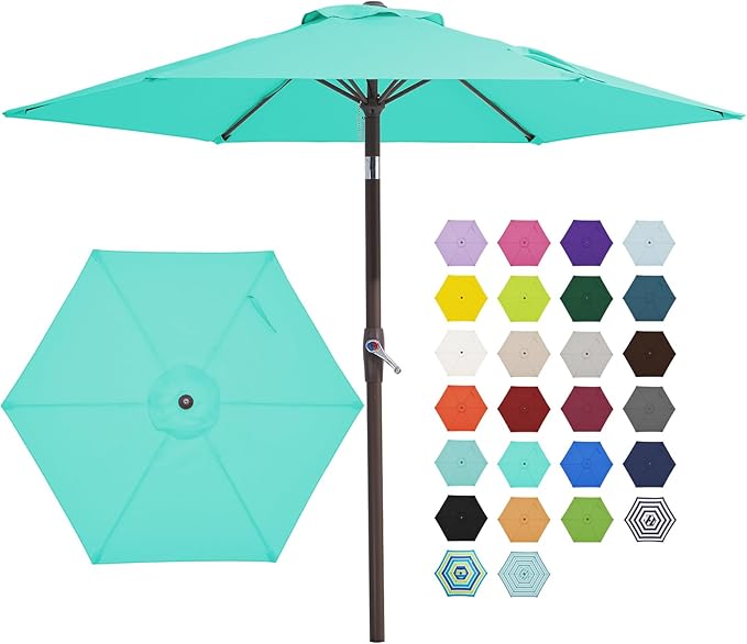 JEAREY 7.5FT Patio Umbrella Market Table Umbrella with 6 Sturdy Ribs, Push Button Tilt/Crank Outdoor Umbrella for Garden, Deck, Backyard, Pool and Beach,Aqua Sky