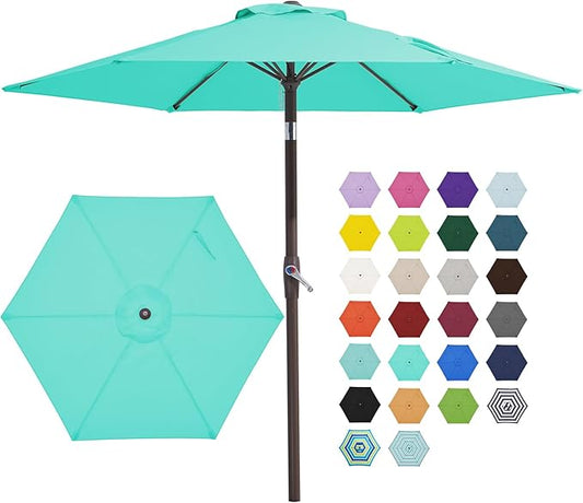 JEAREY 7.5FT Patio Umbrella Market Table Umbrella with 6 Sturdy Ribs, Push Button Tilt/Crank Outdoor Umbrella for Garden, Deck, Backyard, Pool and Beach,Aqua Sky