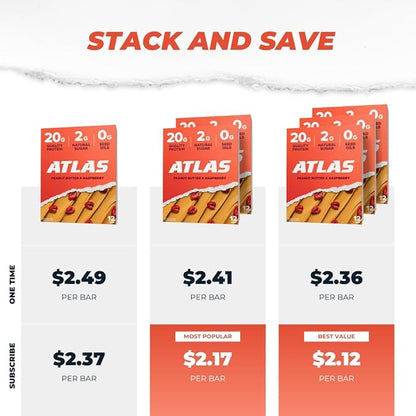 Atlas Protein Bar, 20g Clean Protein, 1g Natural Sugar, No Seed Oils, Gluten Free, No Artificial Sweeteners, Ultimate Whey Variety, 12 Pack
