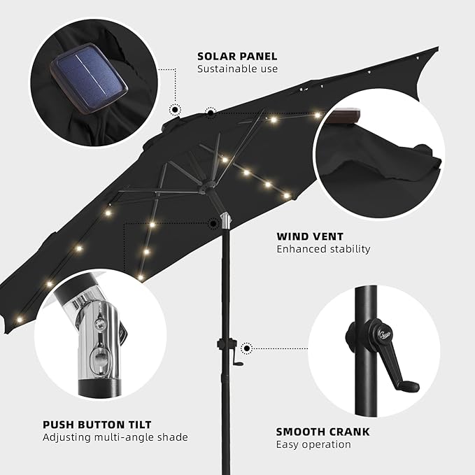 wikiwiki 9ft Solar Led Patio Umbrella, Sturdy Outdoor Market Umbrella for Deck, Pool, Garden w/Tilt, Crank, 32 LED Lights, Carbon Grey
