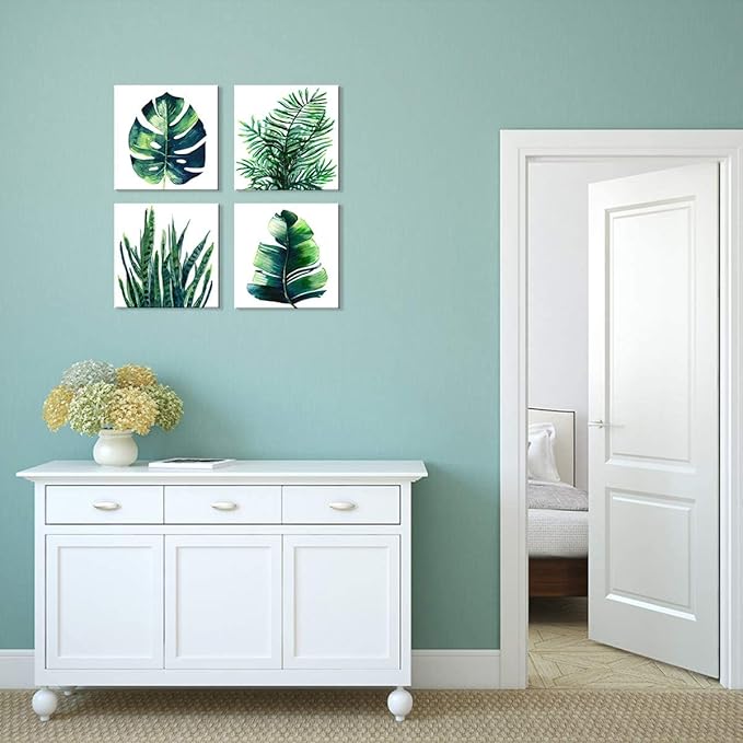Boho Wall Art Bathroom Decor Botanical Green Plant Canvas Prints Picture Bedroom Apartment Kitchen Home Decoration 4Pcs/Sets 14 x 14" Tropical Leaf Monstera Minimalist Aesthetic Framed Poster Artwork