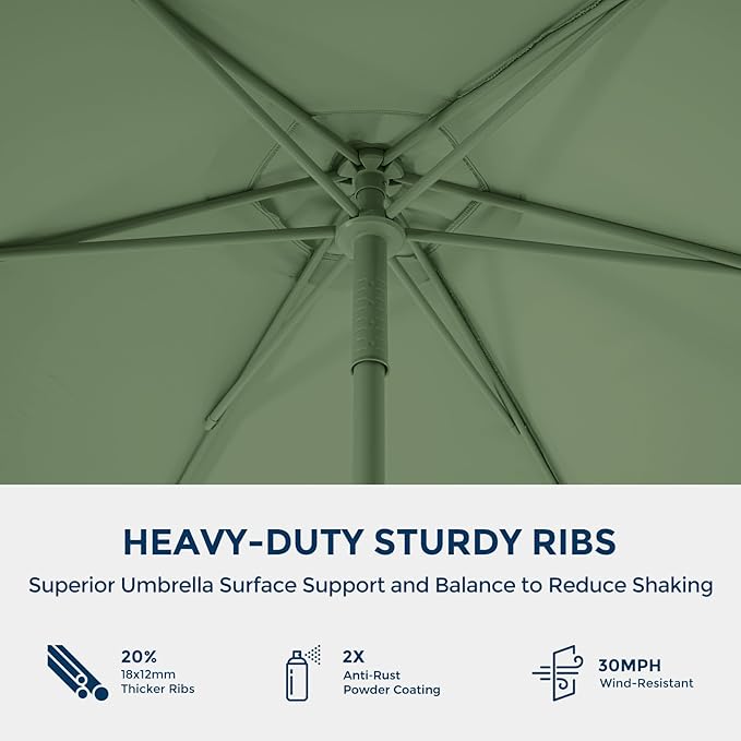 9ft Outdoor 1S Push-Up Patio Umbrella - Market Table Pool Deck Umbrella UPF50+ UV Protection with 6 Sturdy Ribs for Balcony, Garden, Lawn, Backyard (Morandi Green)